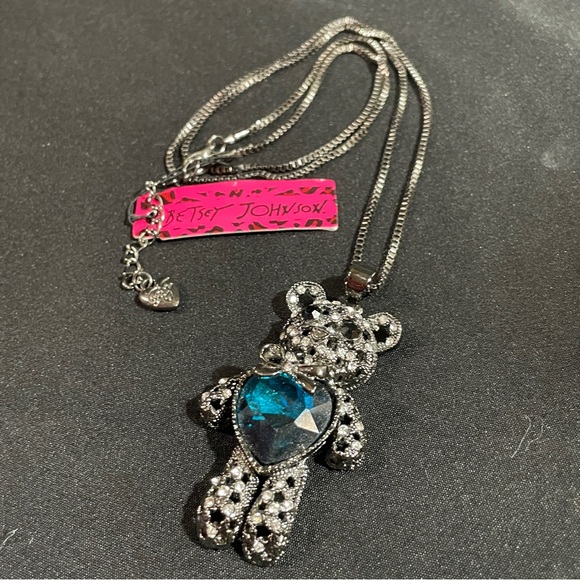Betsey Johnson Silver Bear Necklace with Blue Heart - Picture 1 of 4